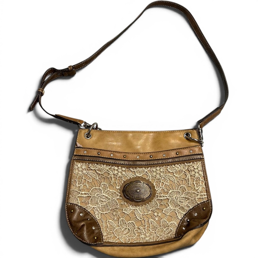 Justin Crossbody Bag Tan Brown Womens Medium Western Lace Studded Boho 0214